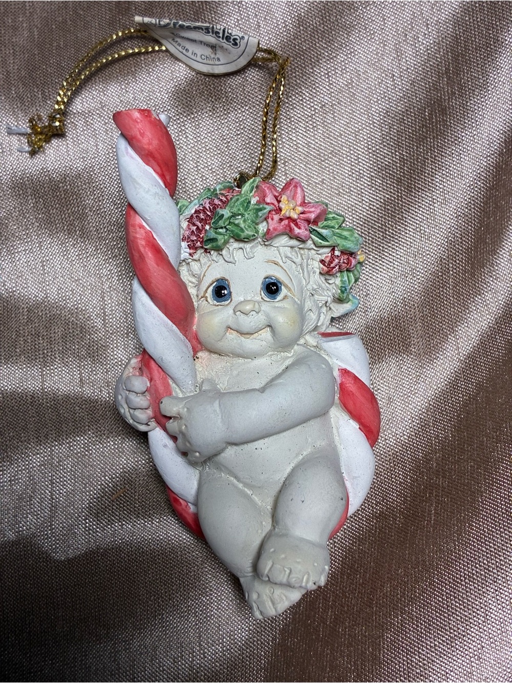 Dreamcycles White and Red Cherub Candy Cane Ornament with Floral Wreath